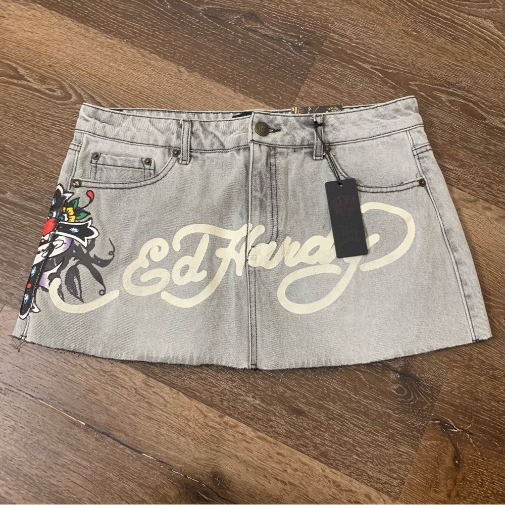 Ed Hardy grey wash Cross denim printed mini skirt L NWT